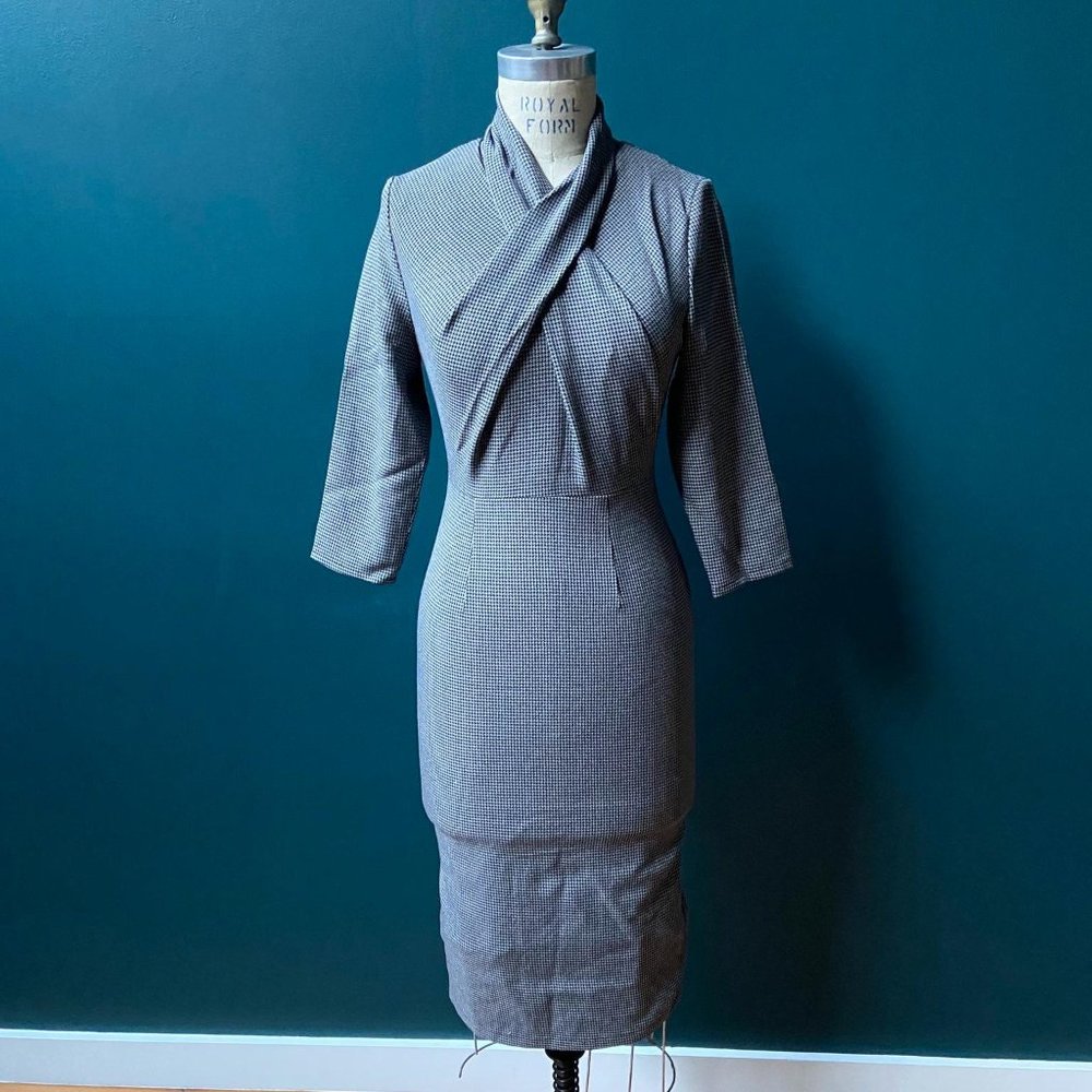 Unique Vintage black and grey houndstooth twist-front wiggle dress